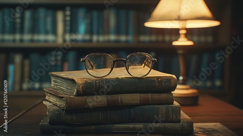 Glasses are lying on old books, against the background of the library, there is a lamp nearby photo