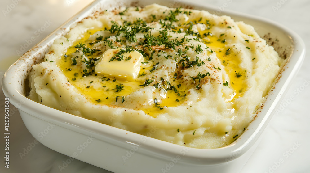 A clean white dish with cheesy garlic mashed potatoes topped with melted butter and fresh herbs under even lighting