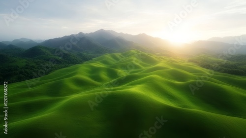Sunset Over Rolling Green Hills Aerial View, Landscape Photography, Nature Scenery Keywords nature, landscape
