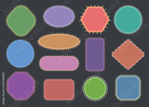 Fabric patches. Geometrical fabric shapes with different stitches recent vector template