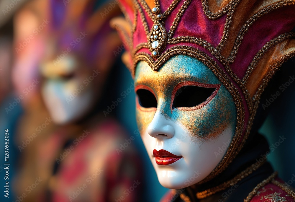 Fototapeta premium Colourful masquerade mask in bright colours on the blurred festive background with bokeh , party, Rio, Venice and Tenerife carnival cocnept