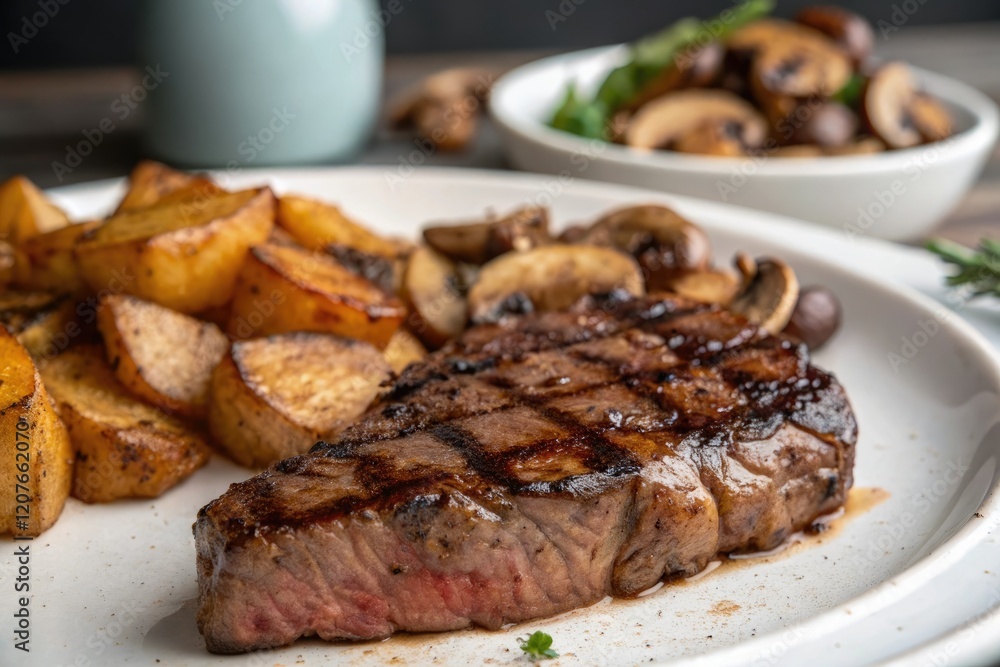 Close-up shot of a juicy grilled steak slice with roasted potatoes and saut?ed mushrooms in the background, savory flavors, grilled steak, meaty texture, close-up shot Close-up shot of a juicy grilled steak slice with roasted potatoes and saut?ed mushrooms in the background, savory flavors, grilled steak, meaty texture, close-up shot