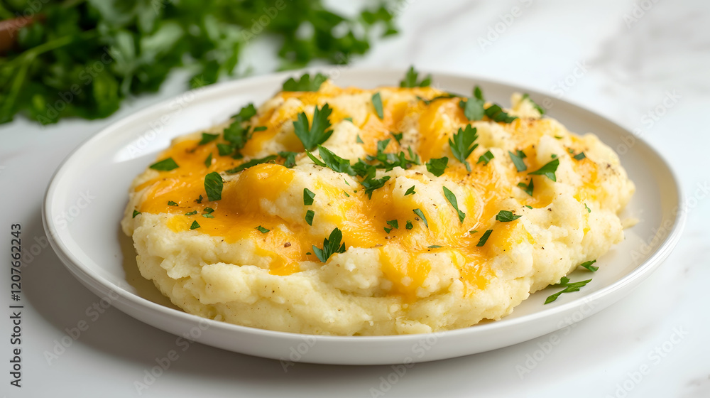 A clean white plate with cheesy garlic mashed cauliflower garnished with fresh herbs under even lighting A clean white plate with cheesy garlic mashed cauliflower garnished with fresh herbs under even lighting