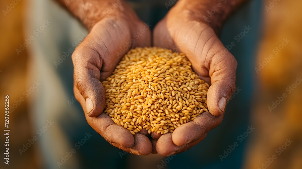 Farmer's Hands Holding Freshly Harvested Rice Grains in Close-up View Farmer's Hands Holding Freshly Harvested Rice Grains in Close-up View