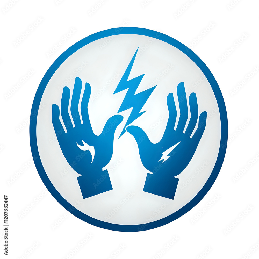 Fototapeta premium High-voltage warning symbol; graphic design element depicting two hands and a lightning bolt. Ideal for safety manuals and presentations.