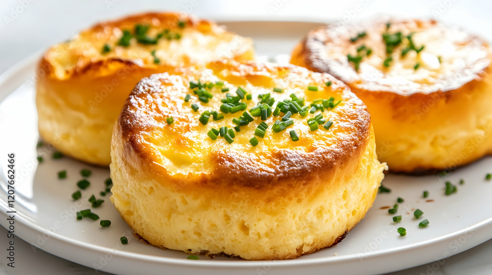 A clean white plate with golden-baked cheese souffle garnished with finely chopped chives under bright studio lighting A clean white plate with golden-baked cheese souffle garnished with finely chopped chives under bright studio lighting