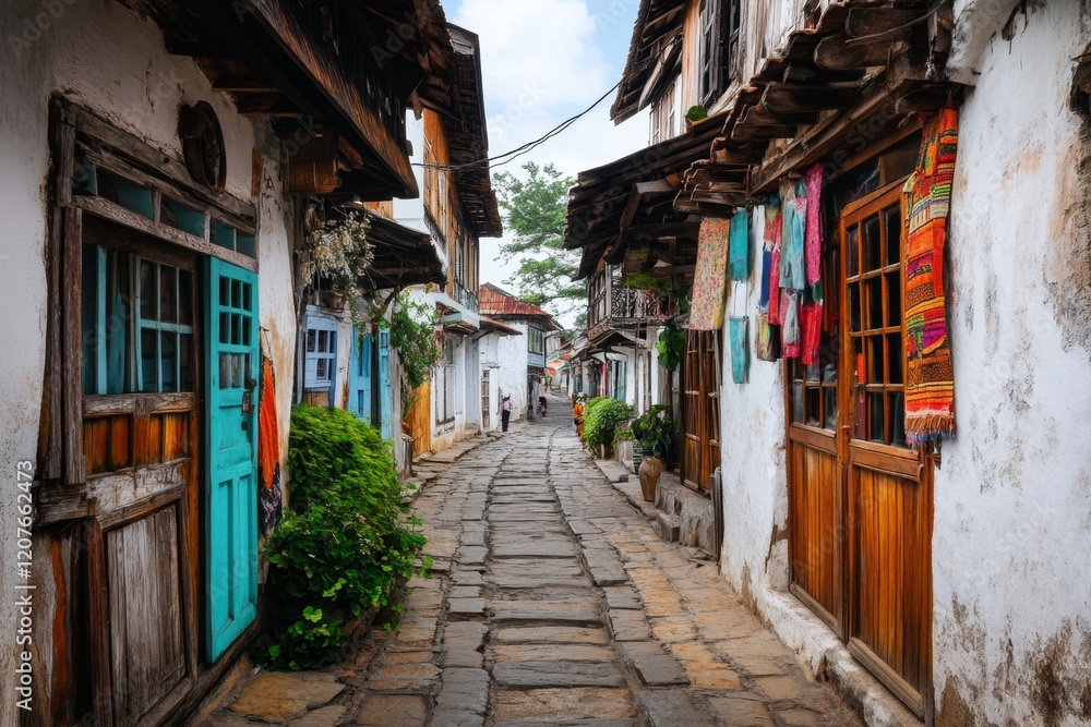 Fototapeta premium The famous Stone Town streets in Zanzibar, with narrow alleyways, intricately carved wooden doors, and colorful textiles hanging above