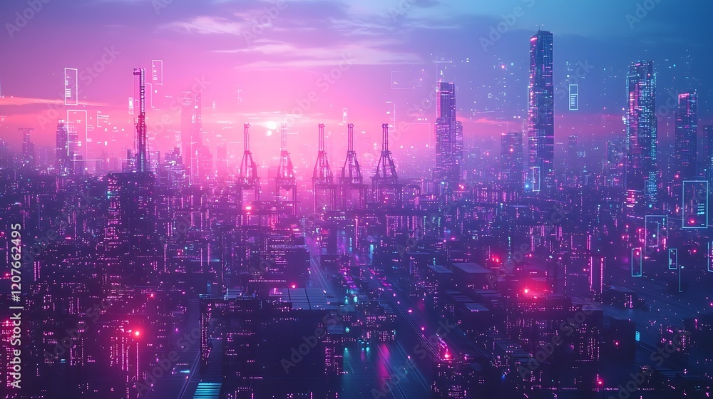 Fototapeta premium Aerial view of a futuristic port city skyline featuring large container cranes and cargo facilities highlighted by interactive 3D digital overlays in vibrant shades of purple and blue