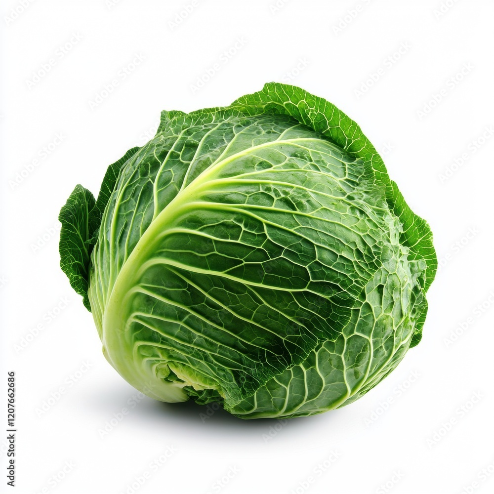 Fototapeta premium A large green cabbage sits on a white background