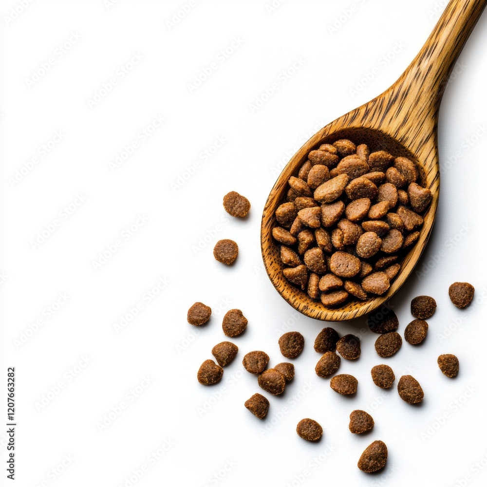 A spoonful of dog food is shown with a pile of dog food on the table A spoonful of dog food is shown with a pile of dog food on the table