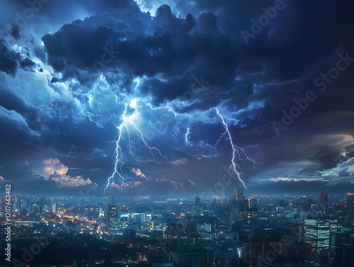 lightning storm city night strike weather stormy  clouds nature climate hurricane natural disaster rainstorm typhoon strong wind heavy rain rainfall destruction damage environment adverse thunderstorm
