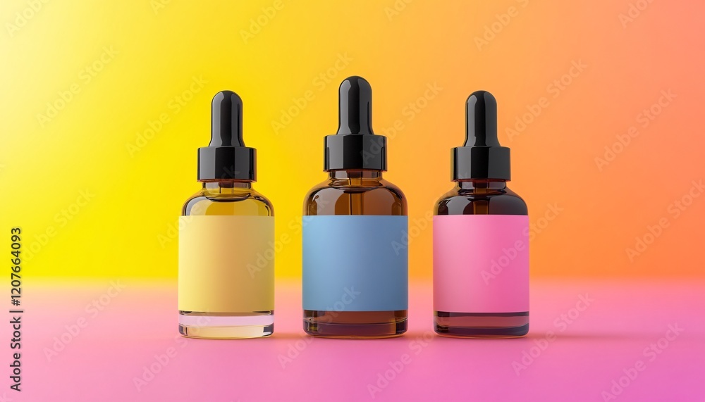 Minimalist skincare product display featuring a trio of bottles with blank labels on a gradient background, perfect for showcasing a customizable label mockup. Minimalist skincare product display featuring a trio of bottles with blank labels on a gradient background, perfect for showcasing a customizable label mockup.
