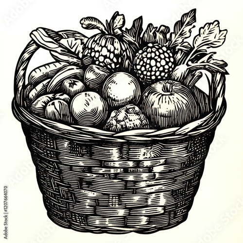 Vintage fruit basket illustration, still life, graphic design, possible use for a healthy food product photo