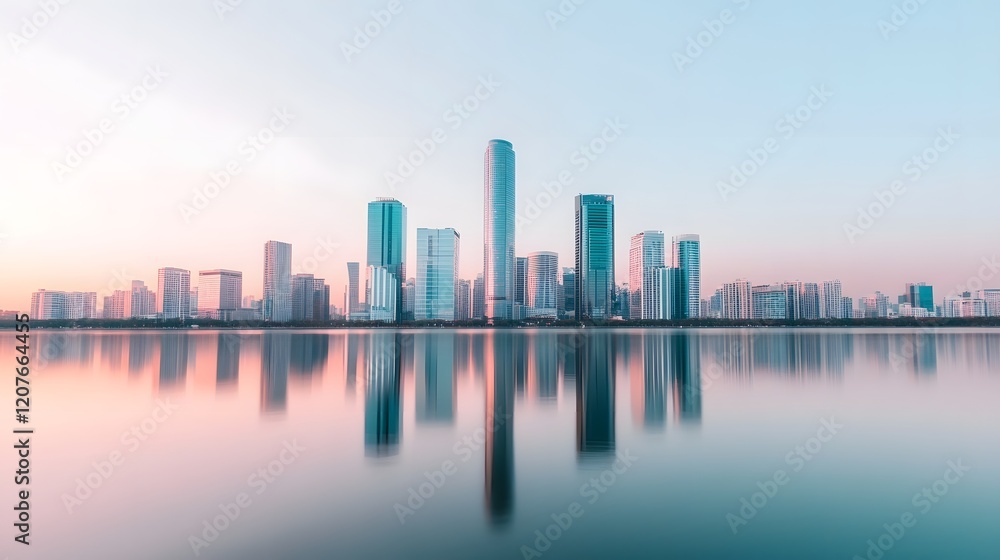 Fototapeta premium Majestic City Skyline Reflected on Tranquil River,Symbolizing Strategic Thinking and Clarity in