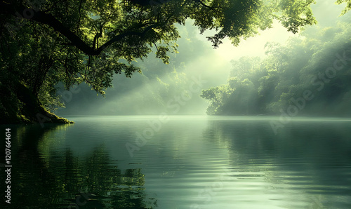 Serene lake sunrise, misty jungle, calm water, peaceful