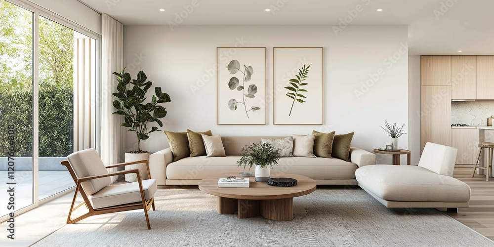 Fototapeta premium Modern Scandinavian home interior design characterized by an elegant living room featuring a comfortable sofa, mid century furniture, cozy carpet, wooden floor, white walls, and home plants