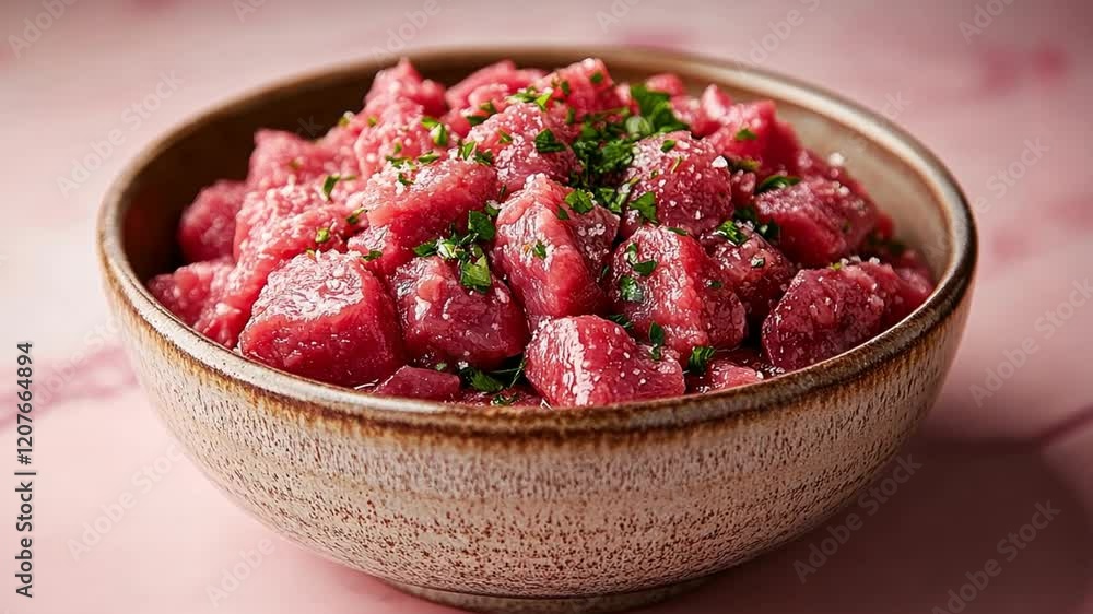Freshly prepared beef tartare garnished with herbs Freshly prepared beef tartare garnished with herbs