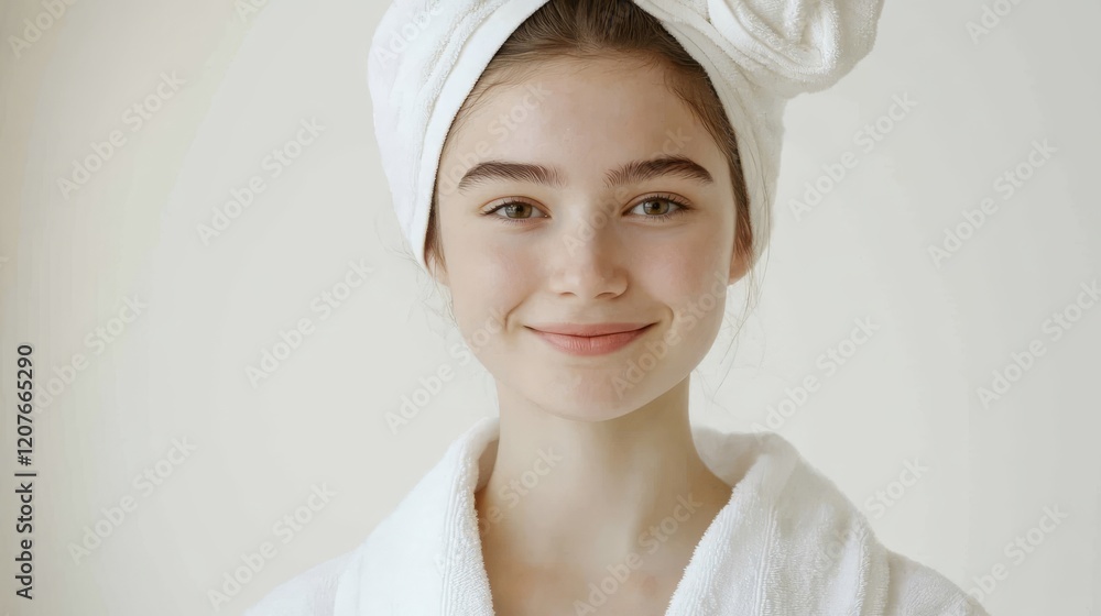 portrait of a beautiful young smiling woman, in a bathrobe, with a towel on her head portrait of a beautiful young smiling woman, in a bathrobe, with a towel on her head