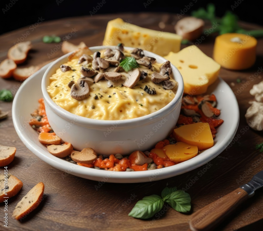 Cheese and mushroom mixture in a ceramic dish , food, preparation, mushroom Cheese and mushroom mixture in a ceramic dish , food, preparation, mushroom