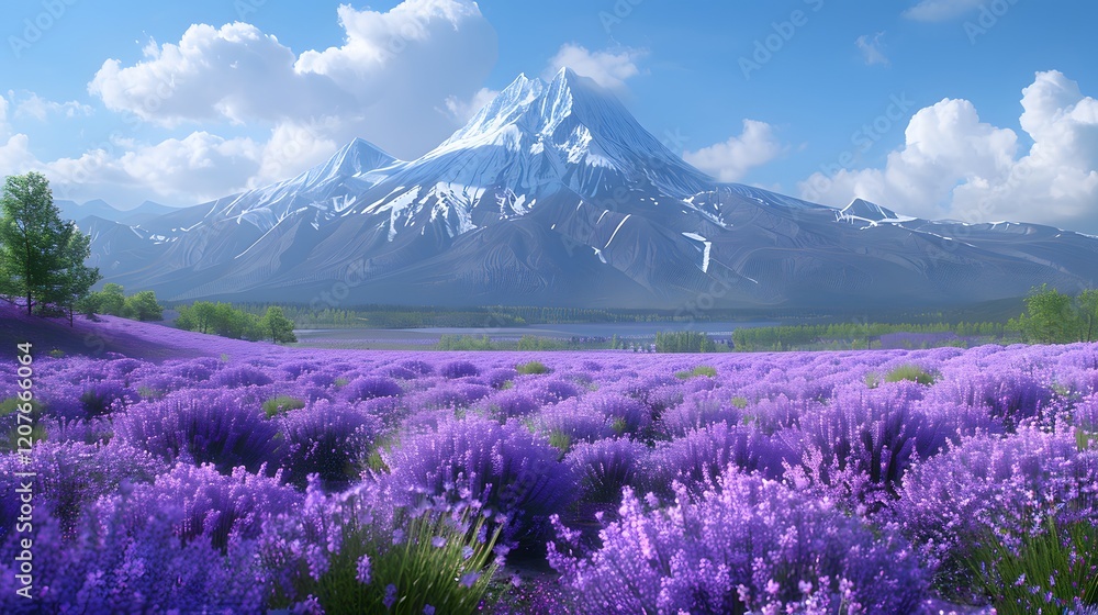 Obraz premium Lavender Fields and Majestic Mountain Peaks Under a Sunny Sky