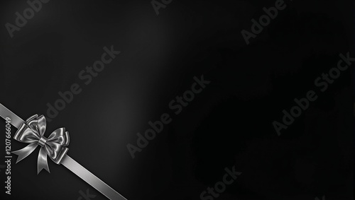 Elegant metallic silver ribbon bow on glossy black background