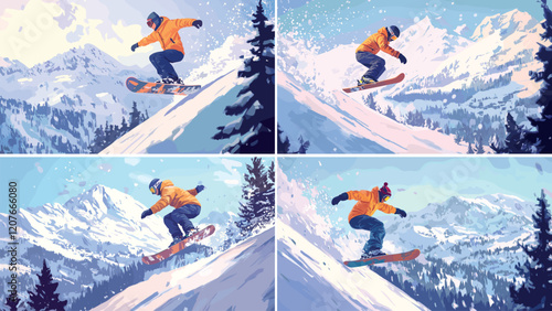 Snowboarder glide cartoon vector concepts. Man making ski jump character snow mountains slope backflip trick, extreme stunts winter sports illustration posters