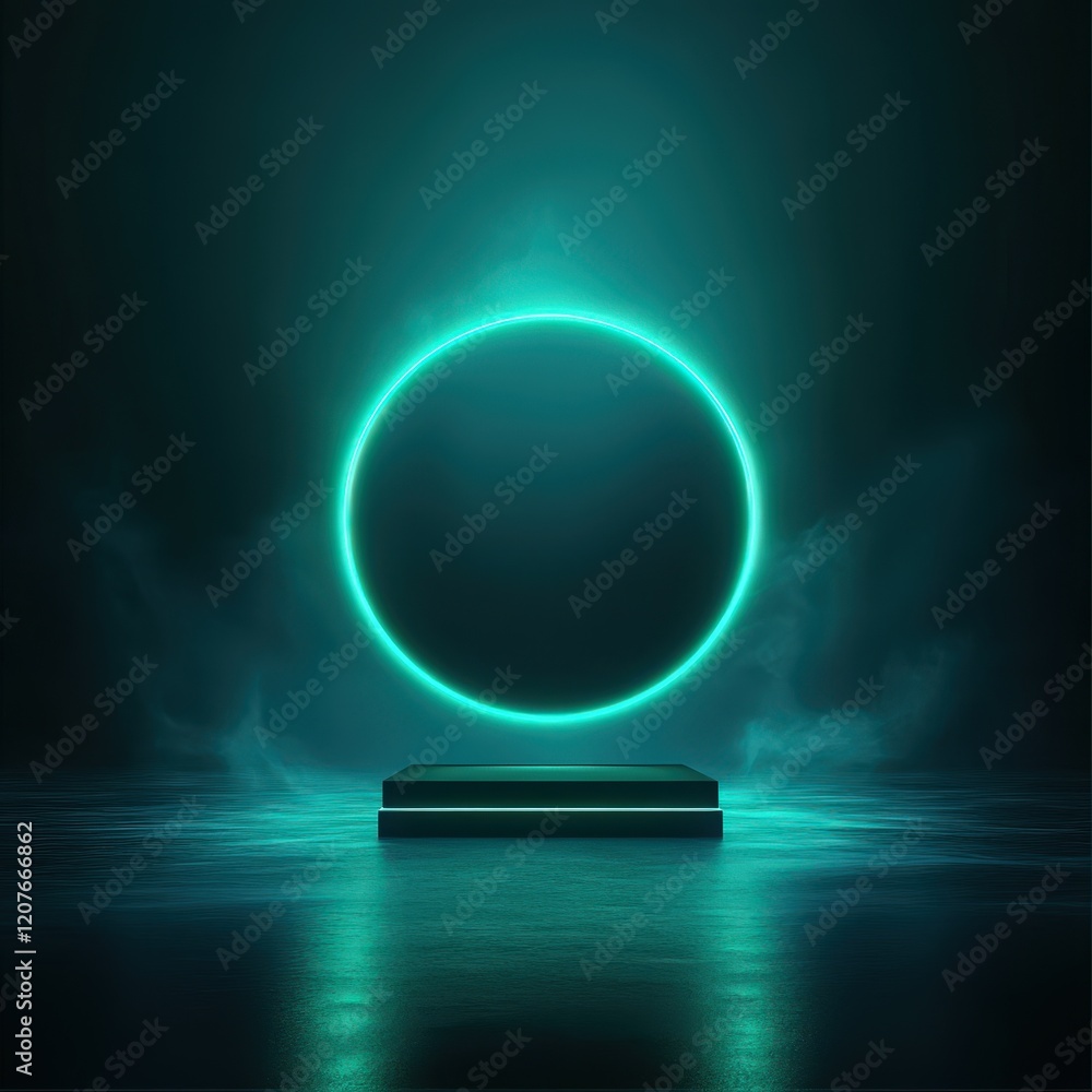 Futuristic Neon Circle and Platform: Abstract Background for Product Display Futuristic Neon Circle and Platform: Abstract Background for Product Display
