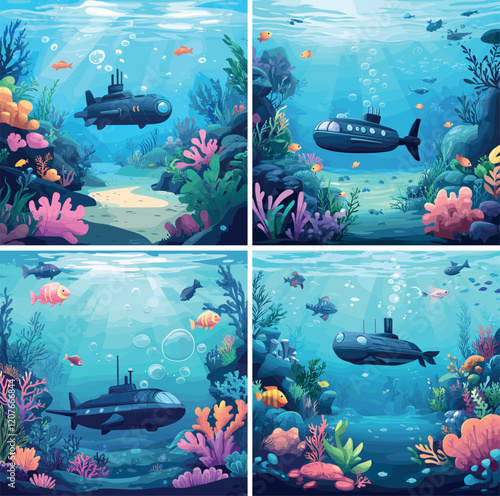 Submarine underwater landscape cartoon vector concepts. Fish seaweeds corals undersea world, explorer bathyscaphe aquatic marine ocean journey illustrations