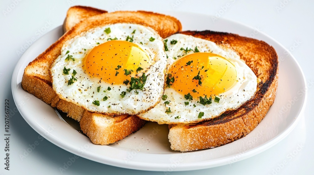 Perfectly Cooked Eggs on Toast with Fresh Herbs and Seasoning Perfectly Cooked Eggs on Toast with Fresh Herbs and Seasoning