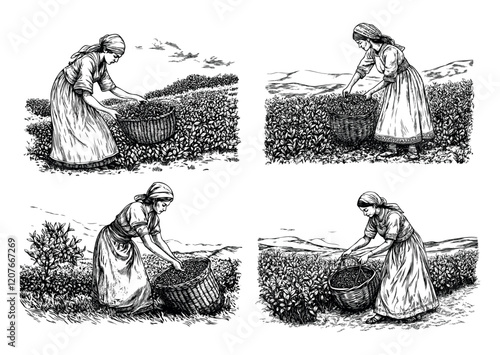 Tea gathering engraving vector set. Basket woman collection chai filed leafs, hand make farmers rural countryside working scenes landscapes, isolated illustrations on white background