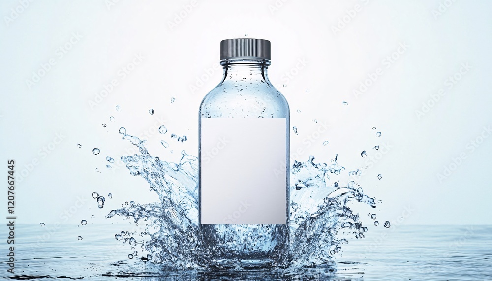 Transparent bottle mockup featuring a blank label with frozen water splashes, ideal for showcasing custom designs and branding elements.