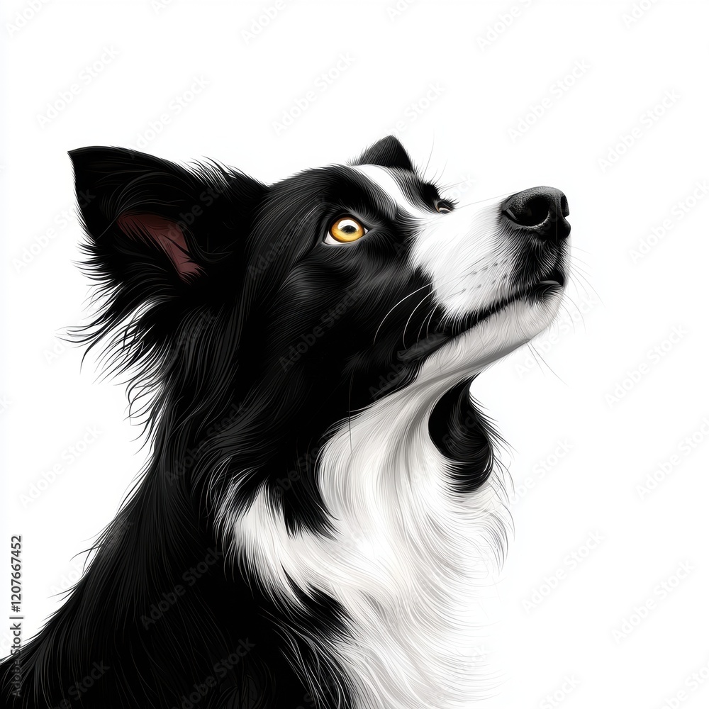 Obraz premium A black and white dog with a yellow eye is looking up at the camera