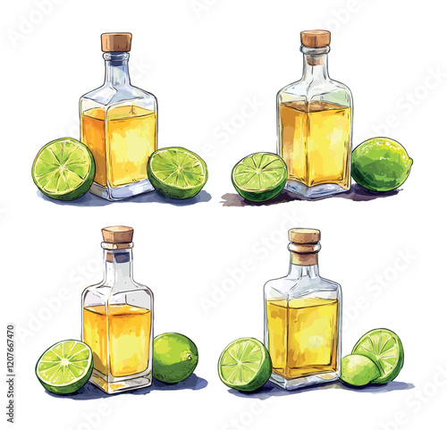Tequila bottle with lime slices cartoon vector set. Glass strong alcoholic beverages lemon salt bar party mexican drinks, isolated illustration on white background