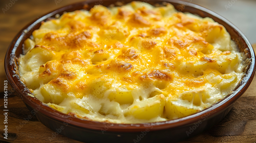 A rustic casserole dish filled with creamy au gratin potatoes topped with golden bubbling cheese, placed on a wooden surface A rustic casserole dish filled with creamy au gratin potatoes topped with golden bubbling cheese, placed on a wooden surface