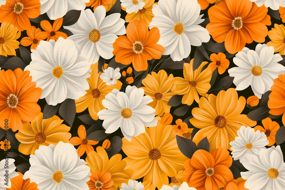 Seamless floral pattern with vibrant white and orange summer blossoms and lush foliage on dark background Seamless floral pattern with vibrant white and orange summer blossoms and lush foliage on dark background