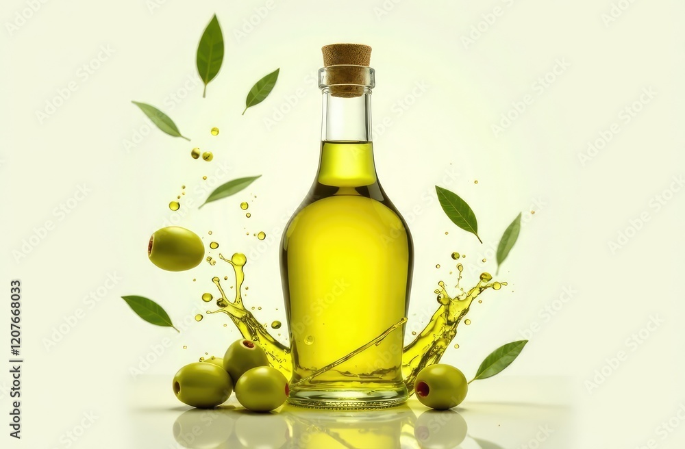 Olives and leaves fly around and wrap around a glass bottle of olive oil in the center, oil splashes, advertising style Olives and leaves fly around and wrap around a glass bottle of olive oil in the center, oil splashes, advertising style
