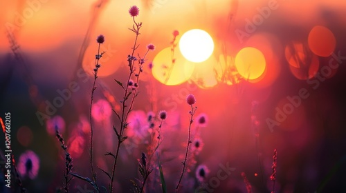 Vibrant sunset-colored bokeh with gradient oranges, pinks, and purples, radiant warmth