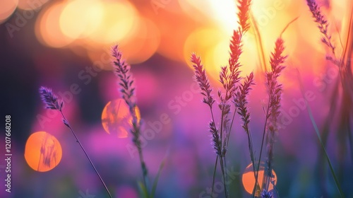 Vibrant sunset-colored bokeh with gradient oranges, pinks, and purples, radiant warmth