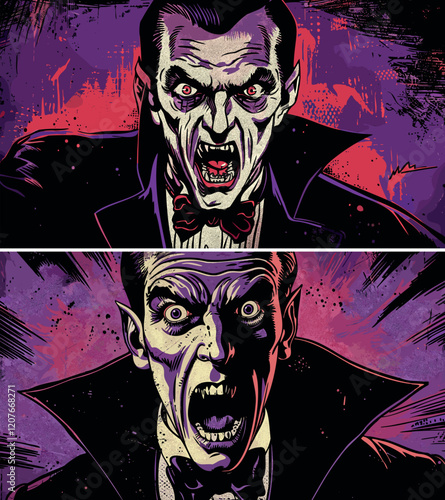 Vampire portrait cartoon vector posters. Open mouth fangs old angry elegant man, lord dracula blood human predator hunter, classical horror nosferatu bloody sucker gentlemen character, retro comic