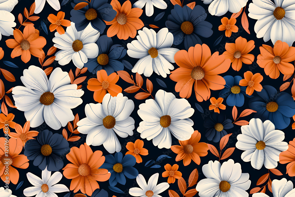 Seamless summer floral pattern with white, orange and blue blossoms on a dark background for elegant design Seamless summer floral pattern with white, orange and blue blossoms on a dark background for elegant design