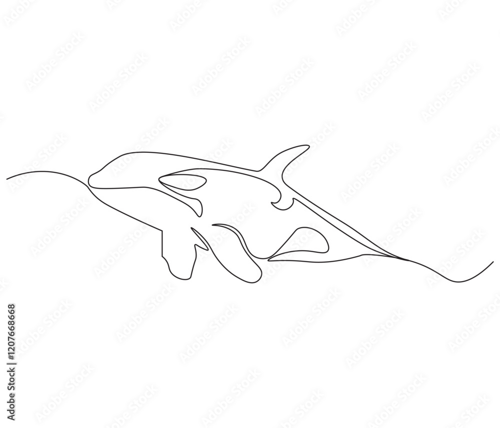 Continuous one line drawing of orca whale. Single line drawing illustration of whale killer fish. Logo,symbols and design style Concept vector art. Doodle line illustration.