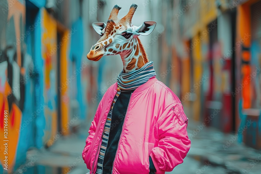 Naklejka premium A quirky giraffe dressed in a neon pink bomber jacket, chunky sneakers, and a striped scarf, standing in a vibrant cityscape with colorful graffiti walls., copy space background