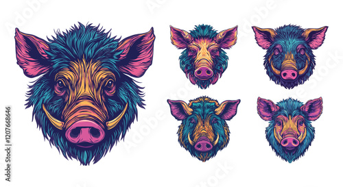 Wild boar head cartoon vector set. Feral pig wool forest close up porker piglet furious cruel avatars portraits strong animal character, isolated on white background
