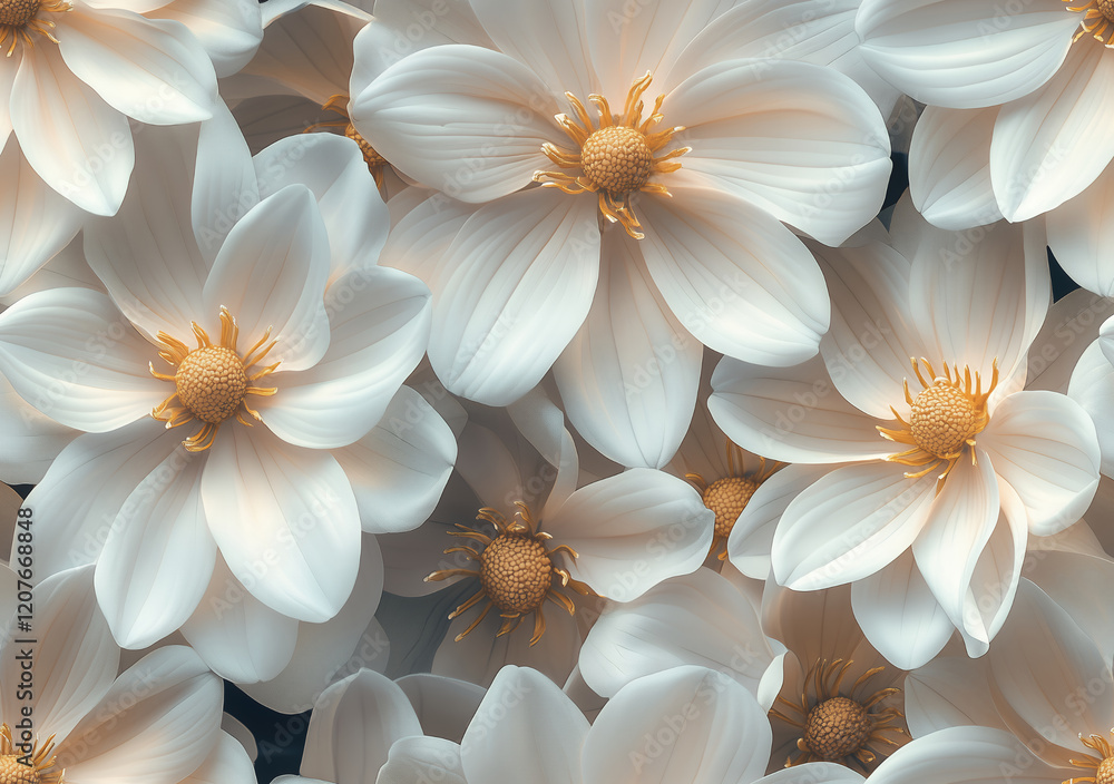 Seamless delicate floral pattern with soft white petals and golden centers
Seamless delicate floral pattern with soft white petals and golden centers