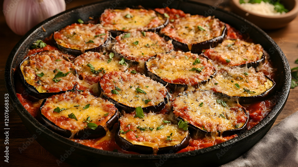 A rustic skillet filled with baked cheesy eggplant slices layered with marinara sauce and Parmesan under soft light A rustic skillet filled with baked cheesy eggplant slices layered with marinara sauce and Parmesan under soft light