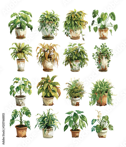 Wilted houseplants cartoon vector set. Arid dry soil herb fading bushes various stages, pots wilting leaves withering plants dehydration, no water flora disease botany remains, isolated artworks