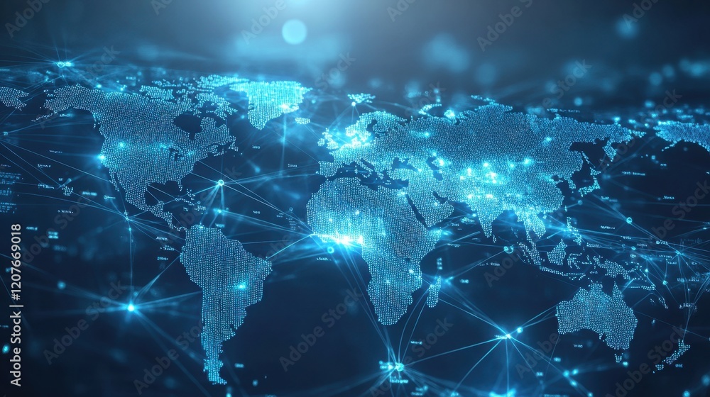Fototapeta premium Light blue background with a digital world map and global network connections