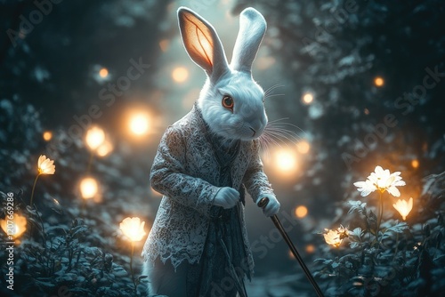 A whimsical rabbit dressed in a Victorian-style suit with lace details, holding a cane, standing in a magical garden filled with glowing flowers, copy space background photo