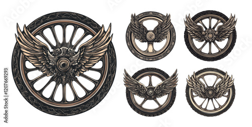 Winged motorcycle wheel cartoon vector logos. Feather spokes moto vehicle car road tyre speed symbol, isolated illustration on white background