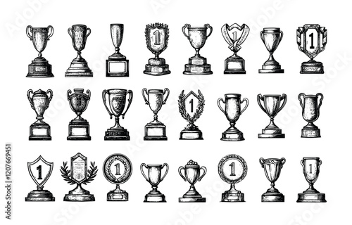 Winner cups engraving vector set. Goblets champion trophy achievement competition sport prize award reward leader symbol, monochrome hand drawn ink sketch isolated on white background